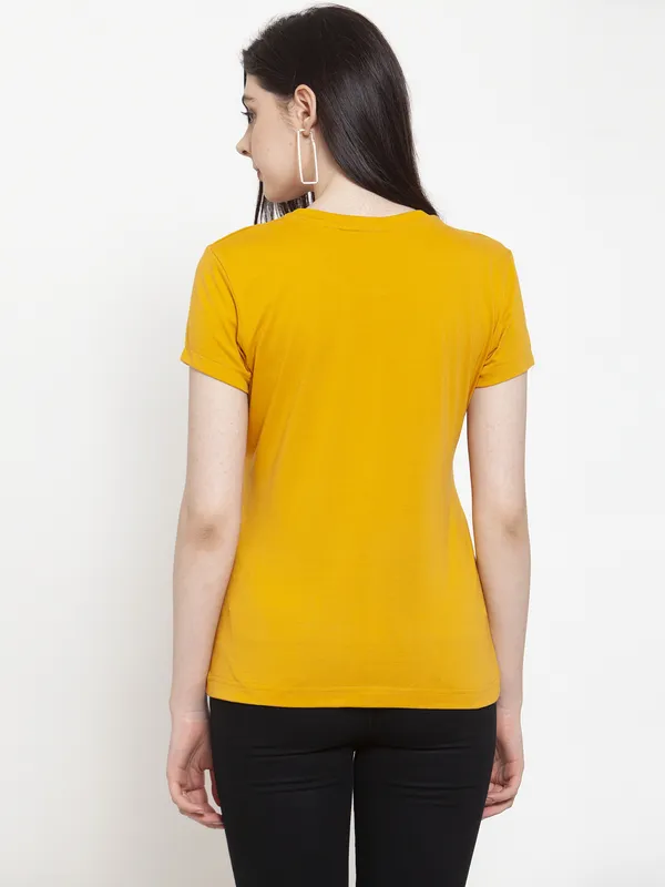 Mustard_Cotton_Be_Happy_Print_Round_Neck_T-Shirt_For_Women