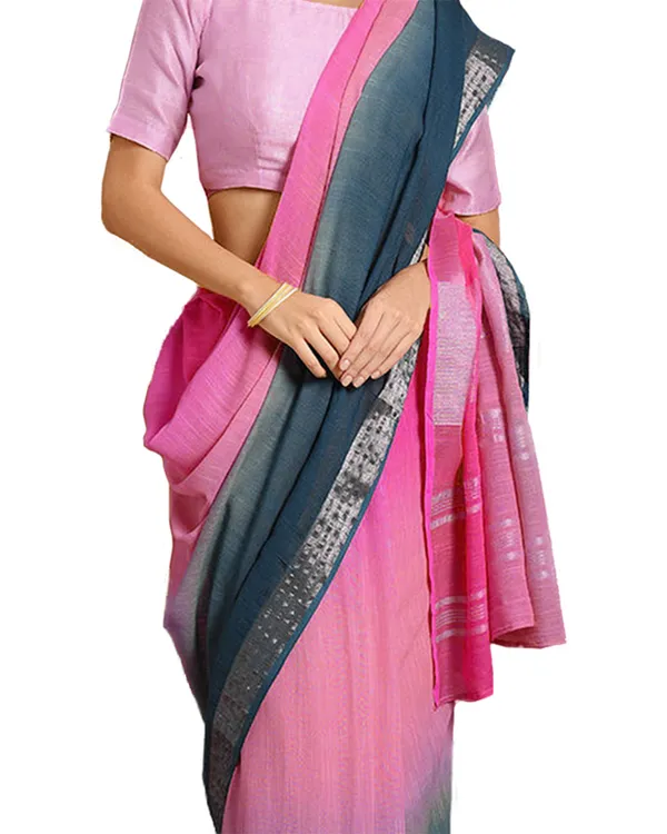 Hot_Pink_&_Cerulean_Blue_women's_Bhagalpuri_Handloom_Linen_Cotton_Blend_Two_Dye_Saree_With_Running_Unstitched_Blouse_Piece
