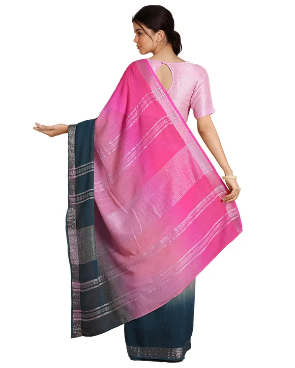 Hot_Pink_&_Cerulean_Blue_women's_Bhagalpuri_Handloom_Linen_Cotton_Blend_Two_Dye_Saree_With_Running_Unstitched_Blouse_Piece