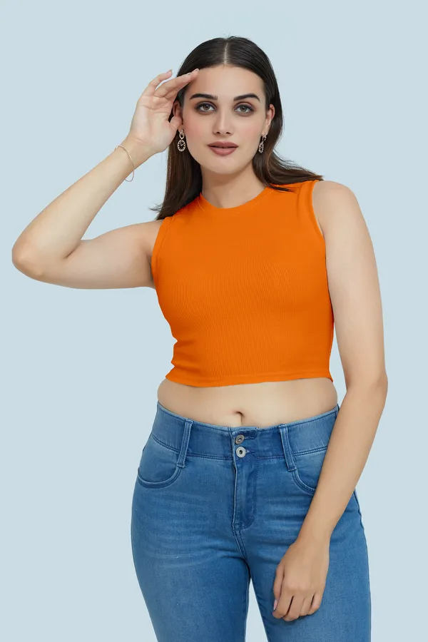 Orange_Sleeveless_Ribbed_Round_Neck_Slim_Fit_Collarless_Casual_Tank_Top_For_Women