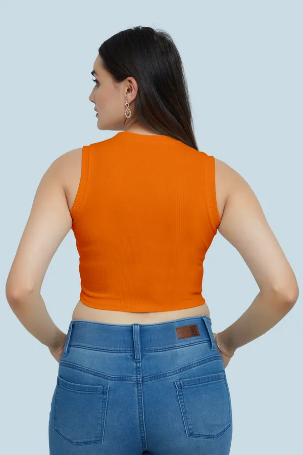 Orange_Sleeveless_Ribbed_Round_Neck_Slim_Fit_Collarless_Casual_Tank_Top_For_Women