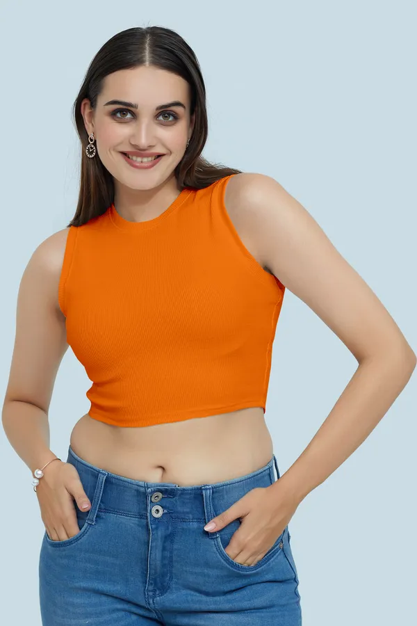 Orange_Sleeveless_Ribbed_Round_Neck_Slim_Fit_Collarless_Casual_Tank_Top_For_Women