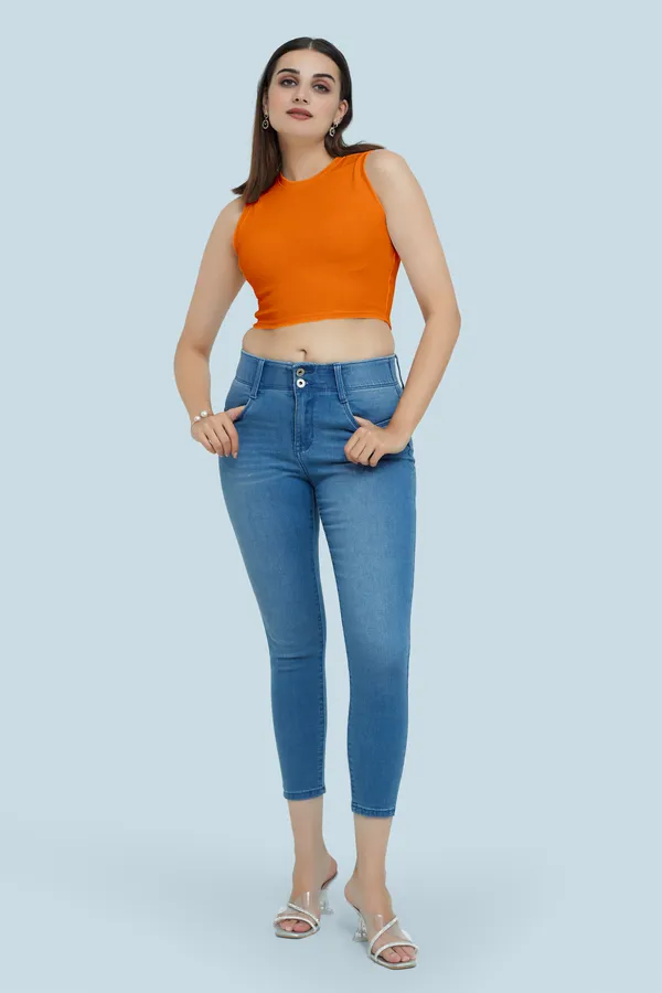 Orange_Sleeveless_Ribbed_Round_Neck_Slim_Fit_Collarless_Casual_Tank_Top_For_Women