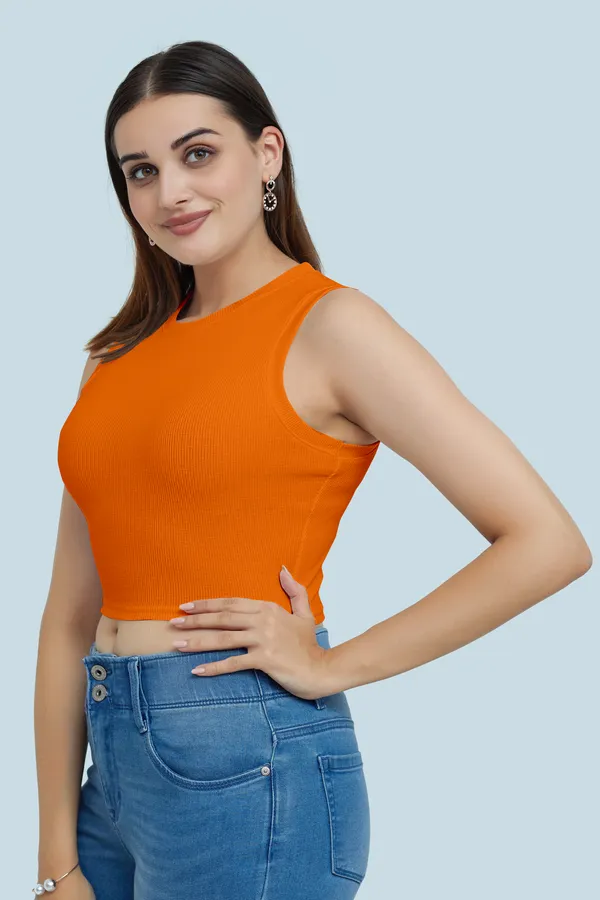 Orange_Sleeveless_Ribbed_Round_Neck_Slim_Fit_Collarless_Casual_Tank_Top_For_Women
