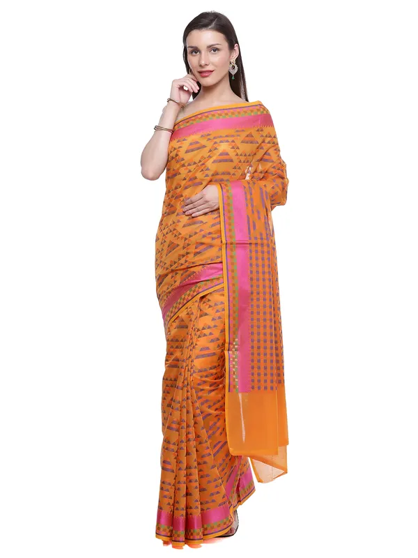 Orange_Cotton_Blend_Banarasi_Sarees_For_Women