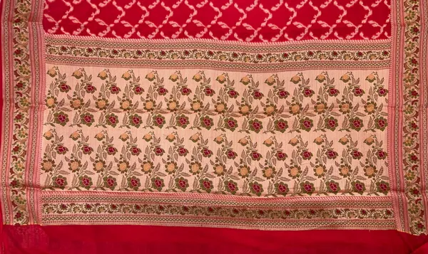 Humairah_Presents_Pure_Handloom_Red_Chiffon_Gold_Zari_Jaal_with_Floral_Mina_Jaal_Anchal_and_Tilfi_Zari_Border_with_Red_Blouse