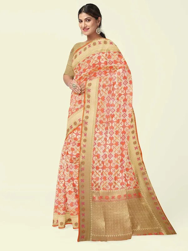 Beige_Cotton_Blend_Banarasi_Sarees_For_Women