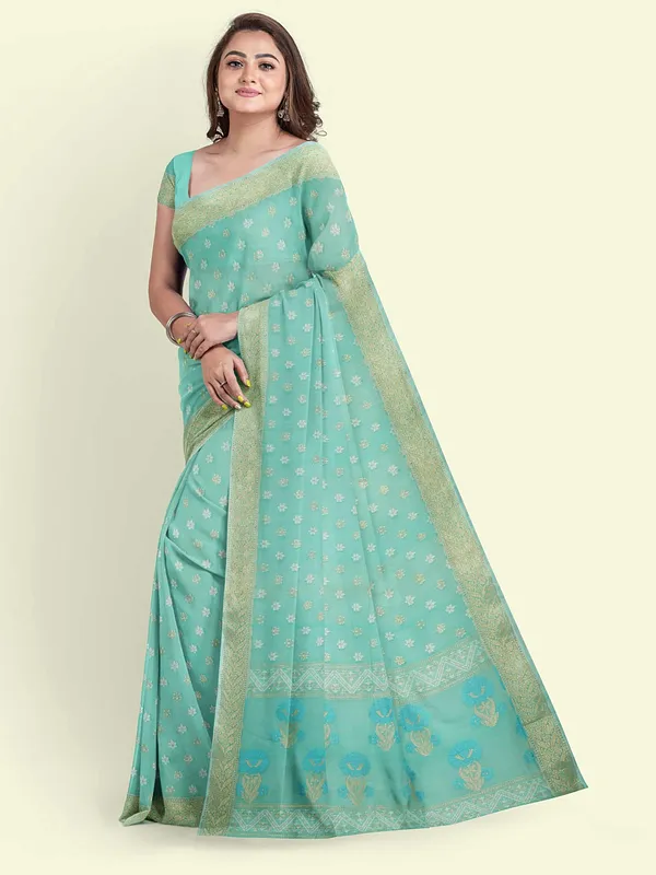 Sea_Green_Cotton_Blend_Banarasi_Sarees_For_Women