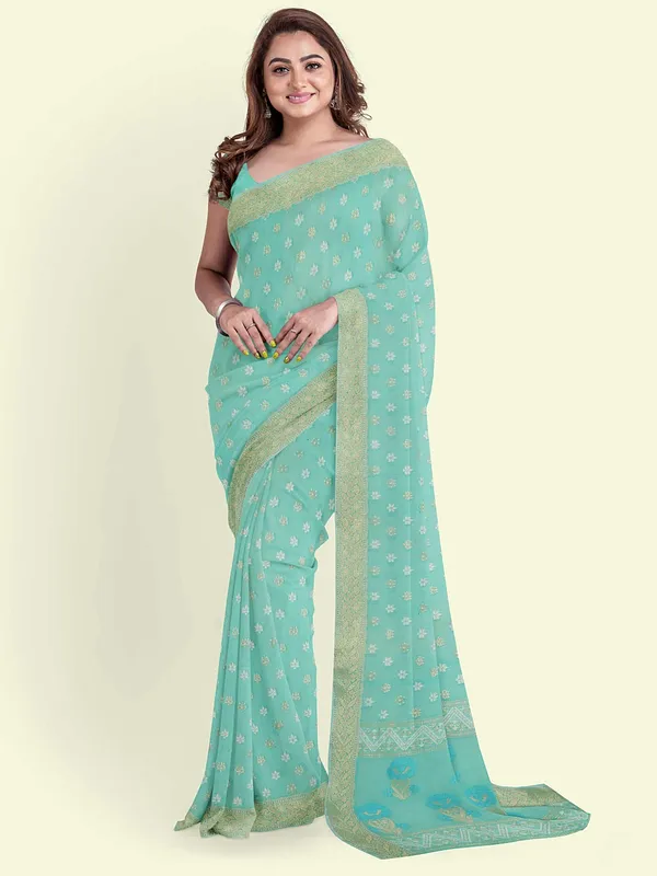 Sea_Green_Cotton_Blend_Banarasi_Sarees_For_Women