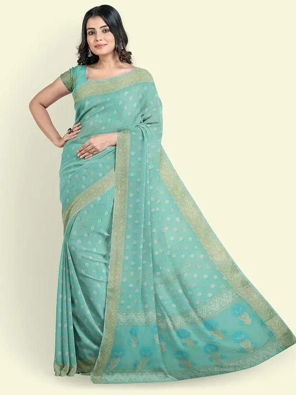 Sea_Green_Cotton_Blend_Banarasi_Sarees_For_Women
