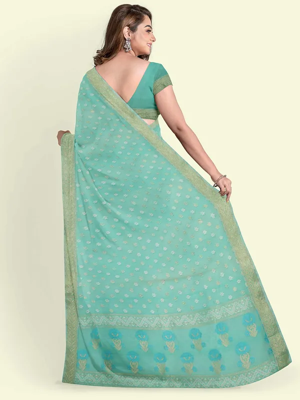 Sea_Green_Cotton_Blend_Banarasi_Sarees_For_Women