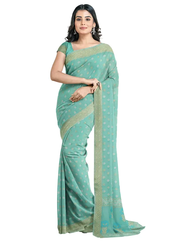 Sea_Green_Cotton_Blend_Banarasi_Sarees_For_Women