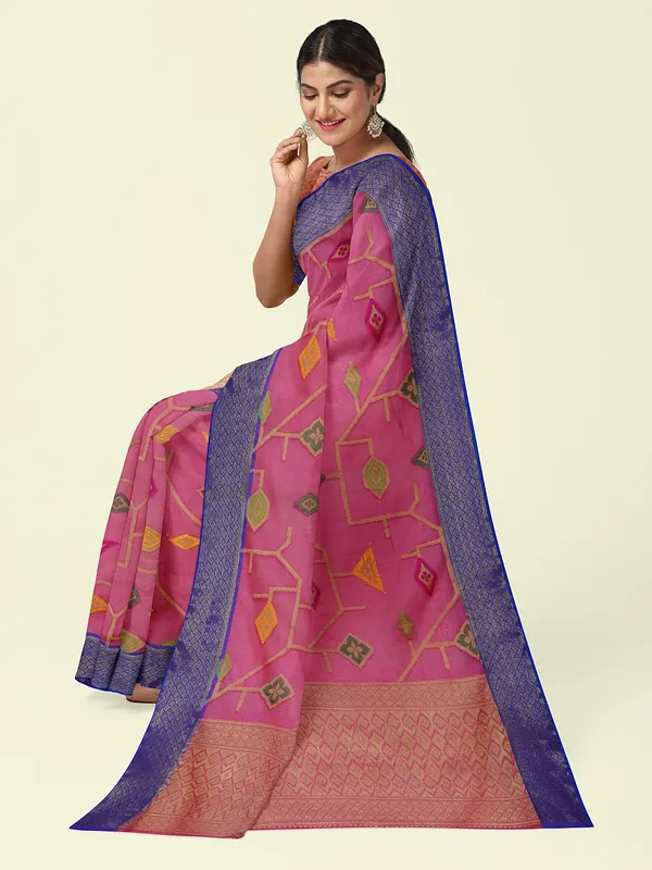 Pink_Cotton_Blend_Banarasi_Sarees_For_Women
