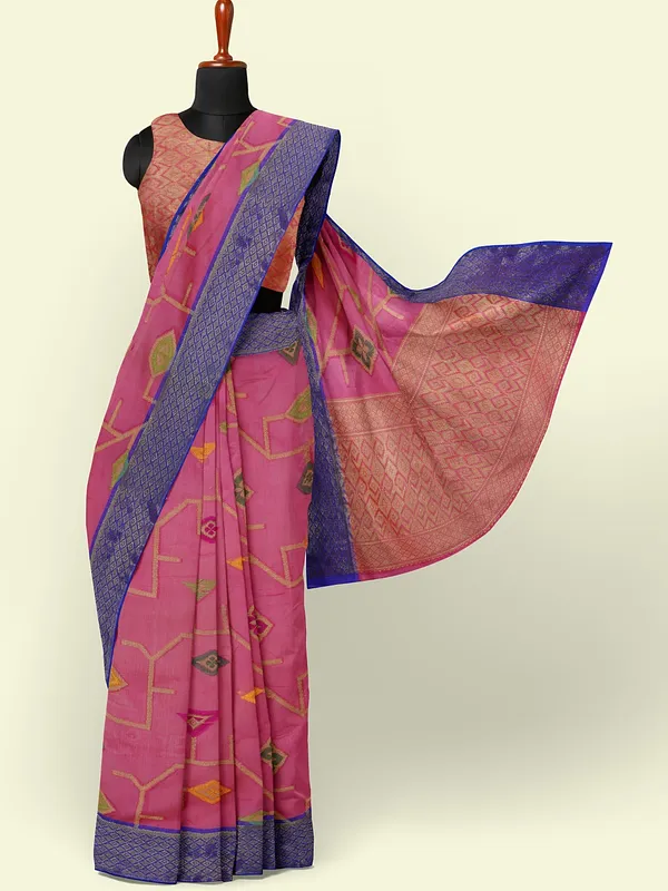 Pink_Cotton_Blend_Banarasi_Sarees_For_Women