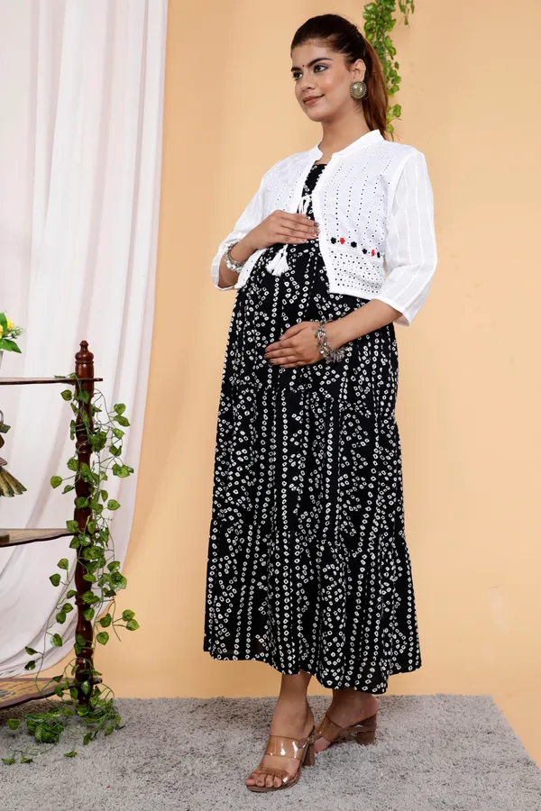 Maternity_Wear_Black_Bandhej_Print_Anarkali_Anarkali_Kurta/Gown_With_Schiffli_Jacket