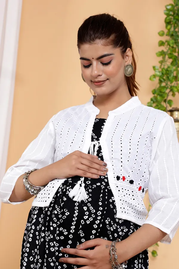 Maternity_Wear_Black_Bandhej_Print_Anarkali_Anarkali_Kurta/Gown_With_Schiffli_Jacket