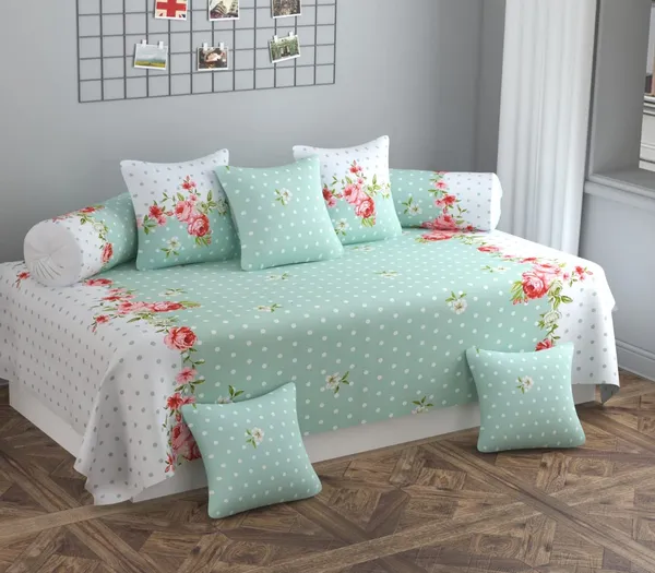 220TC_Combo_of_8_Pcs_Diwan_Set_Covers_and_Double_Bed_Bedsheet_with_2_Pillow_Covers_-_Green_Polka_Dots