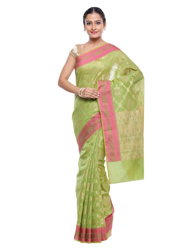Green_Cotton_Blend_Banarasi_Sarees_For_Women