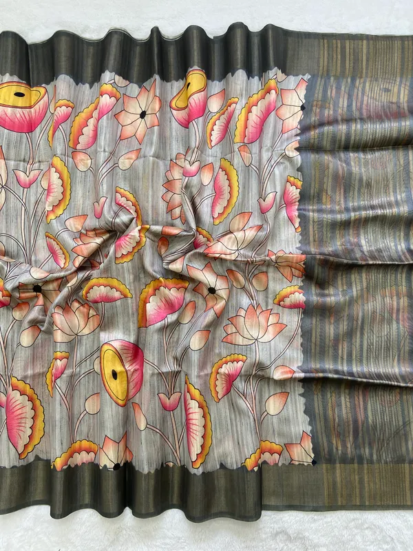 Darika_Grey_–_Aesthetic_Edit_for_You_|_Soft_Tussar_Silk_Saree_with_Print,_Pallu_&_Zari_Border_&_Contrast_Print_Blouse_with_Tassels