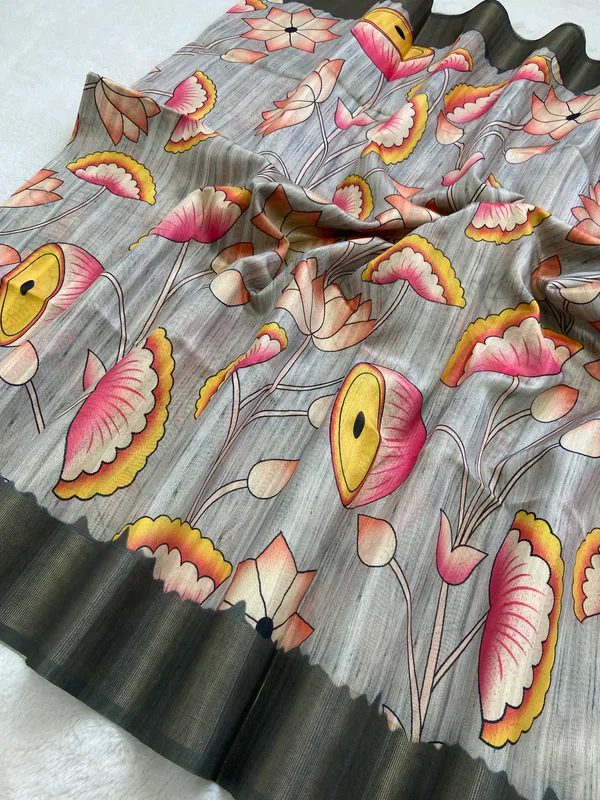 Darika_Grey_–_Aesthetic_Edit_for_You_|_Soft_Tussar_Silk_Saree_with_Print,_Pallu_&_Zari_Border_&_Contrast_Print_Blouse_with_Tassels