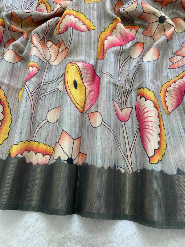 Darika_Grey_–_Aesthetic_Edit_for_You_|_Soft_Tussar_Silk_Saree_with_Print,_Pallu_&_Zari_Border_&_Contrast_Print_Blouse_with_Tassels