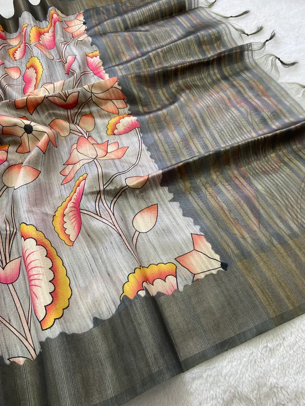 Darika_Grey_–_Aesthetic_Edit_for_You_|_Soft_Tussar_Silk_Saree_with_Print,_Pallu_&_Zari_Border_&_Contrast_Print_Blouse_with_Tassels