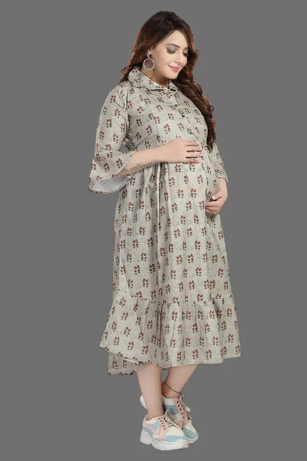 Mehndi_Colled_Maternity_Dress_|_Linen_Leaf_Shadow_Prints_Feeding_Dress_For_Women