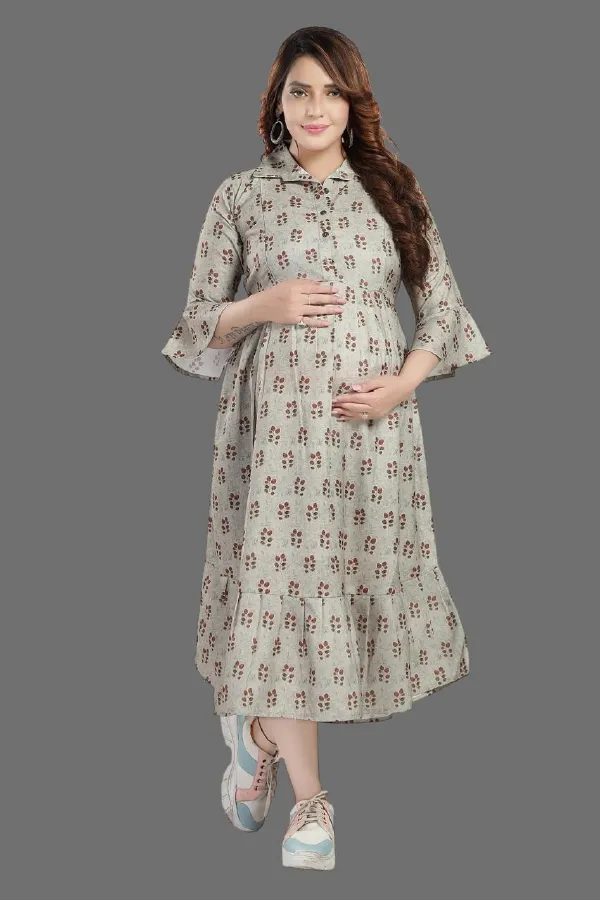 Mehndi_Colled_Maternity_Dress_|_Linen_Leaf_Shadow_Prints_Feeding_Dress_For_Women