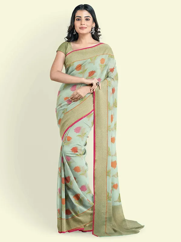 Sea_Green_Cotton_Blend_Banarasi_Sarees_For_Women