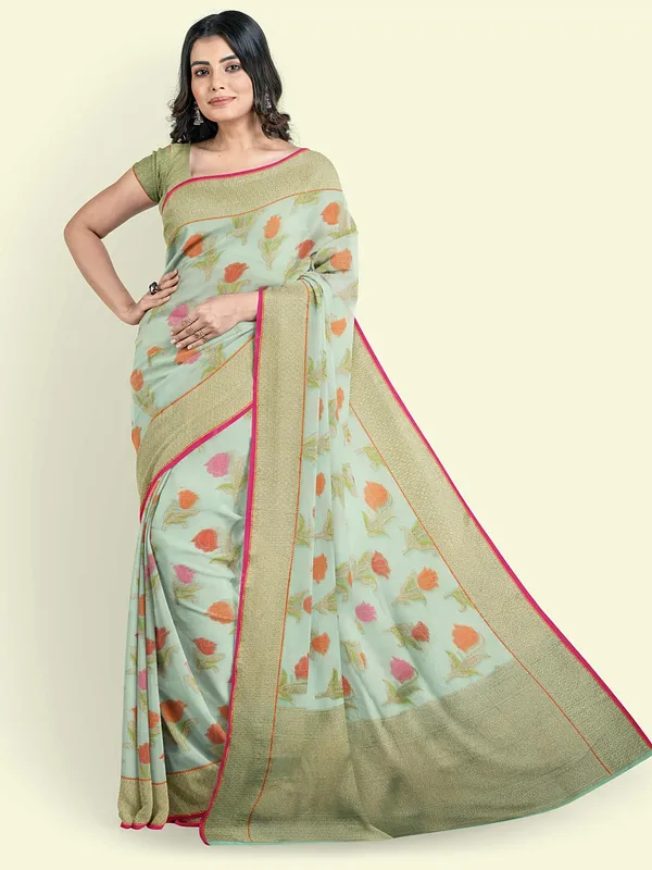Sea_Green_Cotton_Blend_Banarasi_Sarees_For_Women