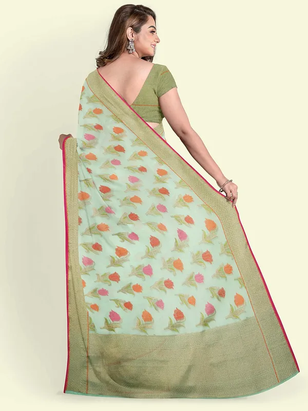 Sea_Green_Cotton_Blend_Banarasi_Sarees_For_Women