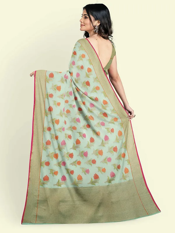 Sea_Green_Cotton_Blend_Banarasi_Sarees_For_Women