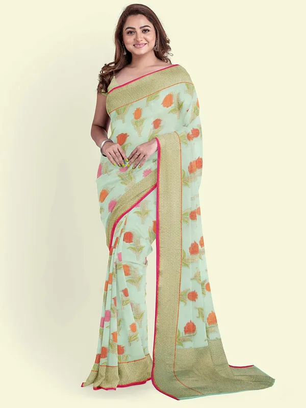 Sea_Green_Cotton_Blend_Banarasi_Sarees_For_Women