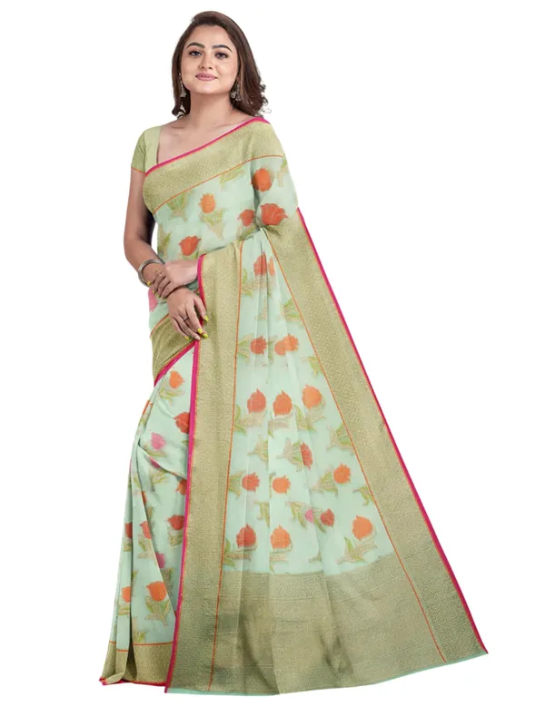 Sea_Green_Cotton_Blend_Banarasi_Sarees_For_Women