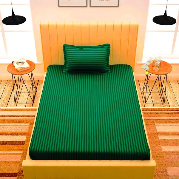 220TC_Cotton_Satin_Glace_Stripes/Lining_Flat_Bedsheet_for_Single_Bed_with_One_Pillow_Cover_for_Home,_Hotels,_Guest_House_(King_Size)_-_60x90_Inches_-_Green