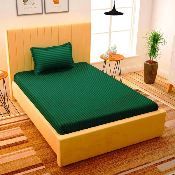 220TC_Cotton_Satin_Glace_Stripes/Lining_Flat_Bedsheet_for_Single_Bed_with_One_Pillow_Cover_for_Home,_Hotels,_Guest_House_(King_Size)_-_60x90_Inches_-_Green