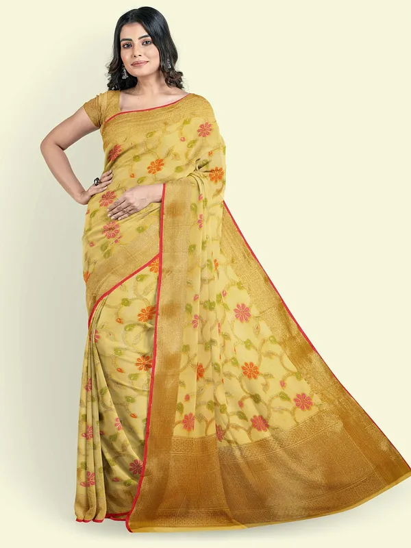 Yellow_Cotton_Blend_Banarasi_Sarees_For_Women