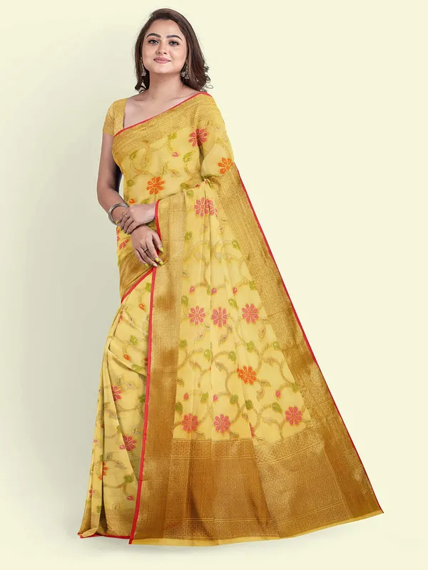 Yellow_Cotton_Blend_Banarasi_Sarees_For_Women