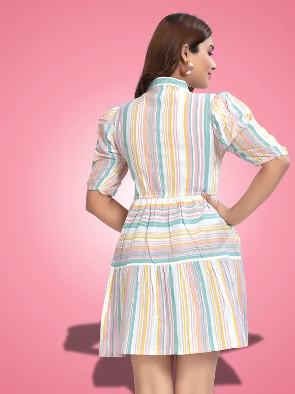 Light_Green_Cotton_Stripe_Pattern_Trendy_Puff_Sleeve_Dresses
