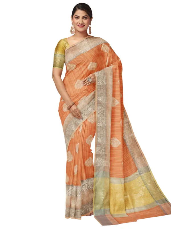 Rust_Peach_Matka_Silk/Silk_Blend_Banarasi_Sarees_For_Women