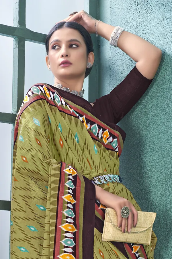 Ikkat_Print_Pure_Soft_Cotton_saree_With_Blouse_Piece