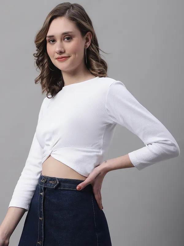 White_Cotton_Rib_Round_Neck_Knot_Top_For_Women
