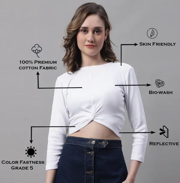 White_Cotton_Rib_Round_Neck_Knot_Top_For_Women