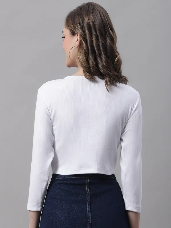 White_Cotton_Rib_Round_Neck_Knot_Top_For_Women