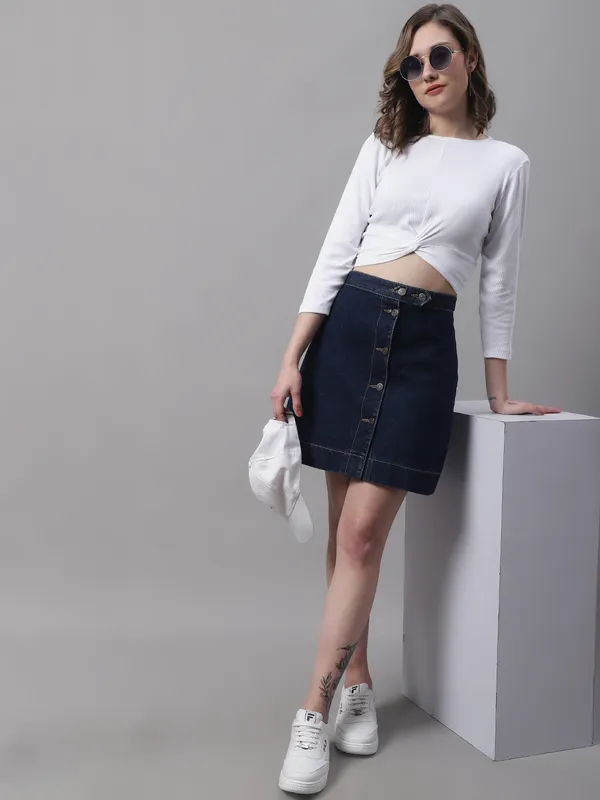 White_Cotton_Rib_Round_Neck_Knot_Top_For_Women