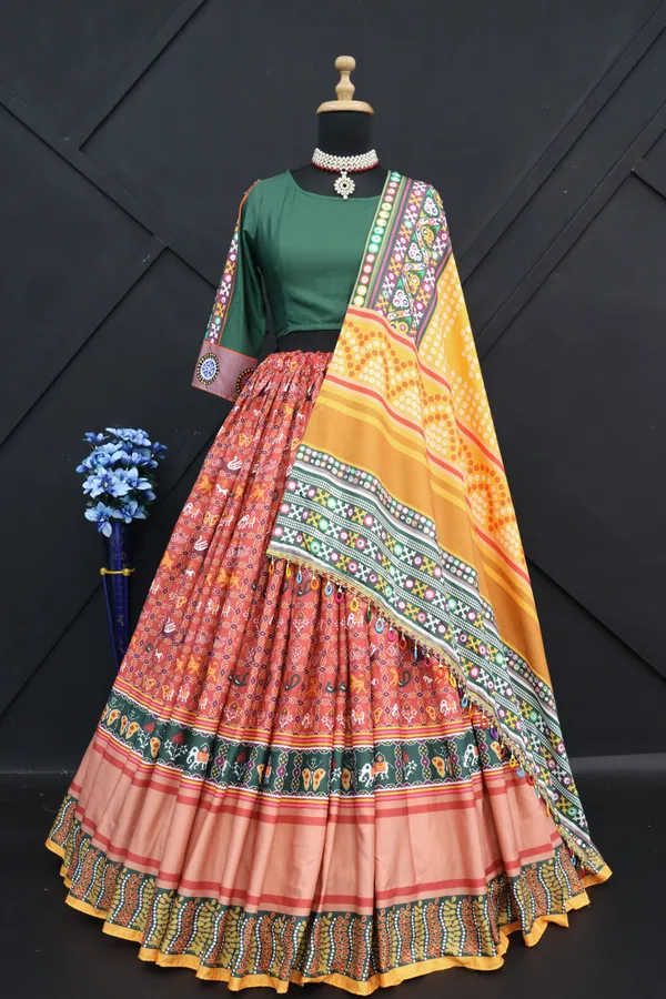 Red_Green_Lehenga_Choli_With_Mirror_Work_And_Attached_Yellow_Dupatta