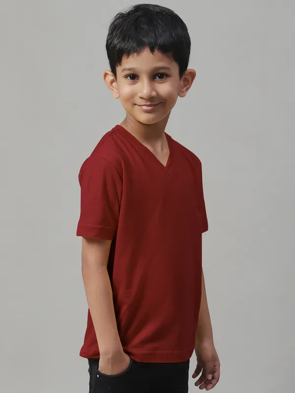 Maroon_Cotton_Rib_V-Neck_Short_Sleeves_T-Shirt_For_Kids