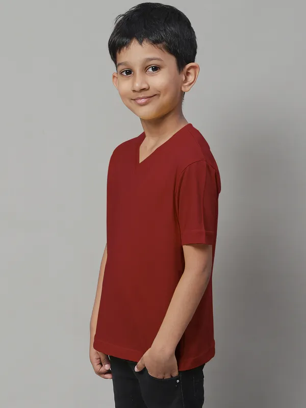Maroon_Cotton_Rib_V-Neck_Short_Sleeves_T-Shirt_For_Kids