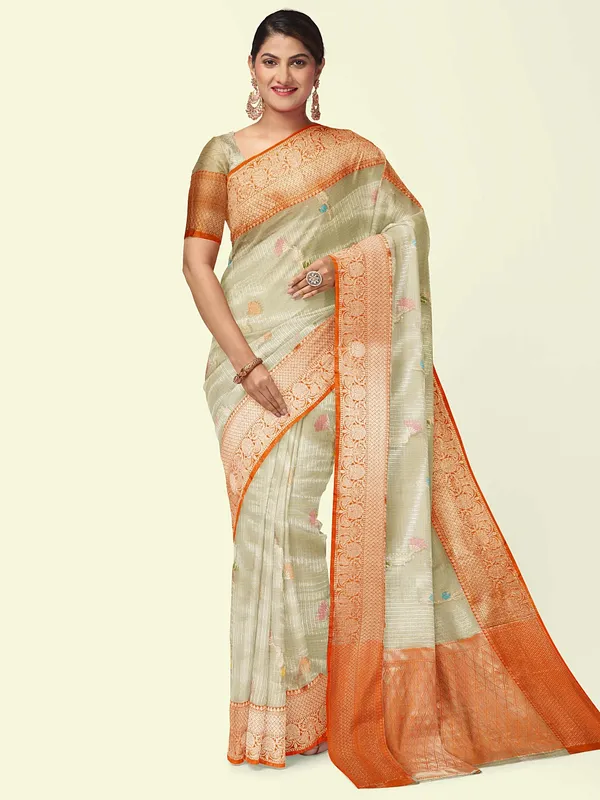 Cream_Cotton_Blend_Banarasi_Sarees_For_Women