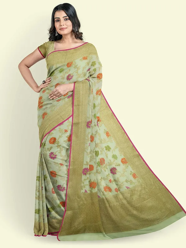 Green_Cotton_Blend_Banarasi_Sarees_For_Women